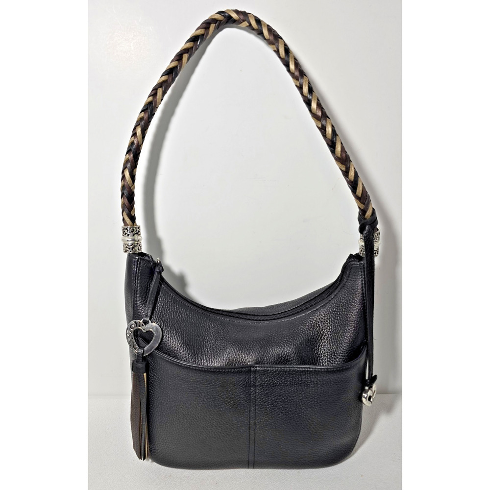 Chic Brighton Barbados Zip Top Hobo Shoulder Bag Leather & Braided Strap Black
